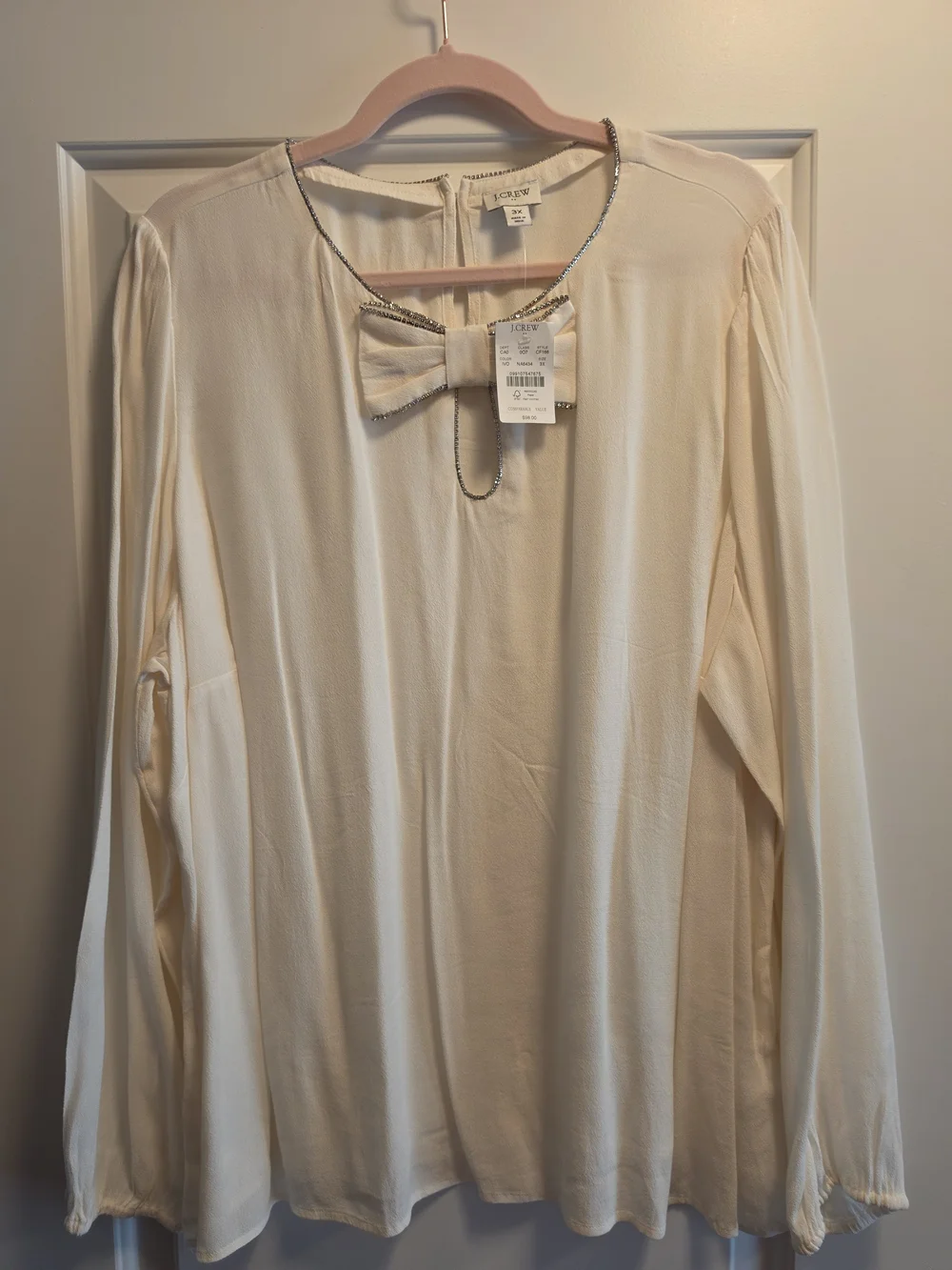 NWT J. Crew Cream Bow-Neck Long Sleeve Blouse With Rhinestones